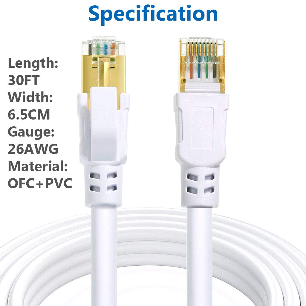 Qifguo Cat 8 Ethernet Cable 30Ft Internet Network Lan Patch Cable Cord Shielded High Speed 40Gbps 2000Mhz Rj45 Cables For Gaming, Router, Ps4, Xbox   Compatible With Cat7/Cat6A/Cat5E Network   White